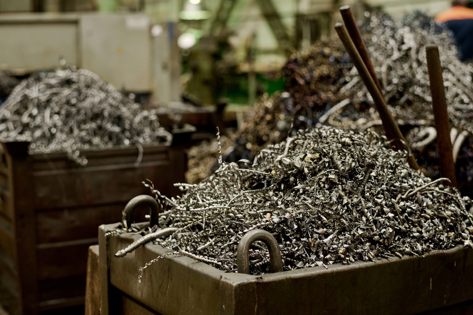 Bins of metal turnings and scrap in a workshop