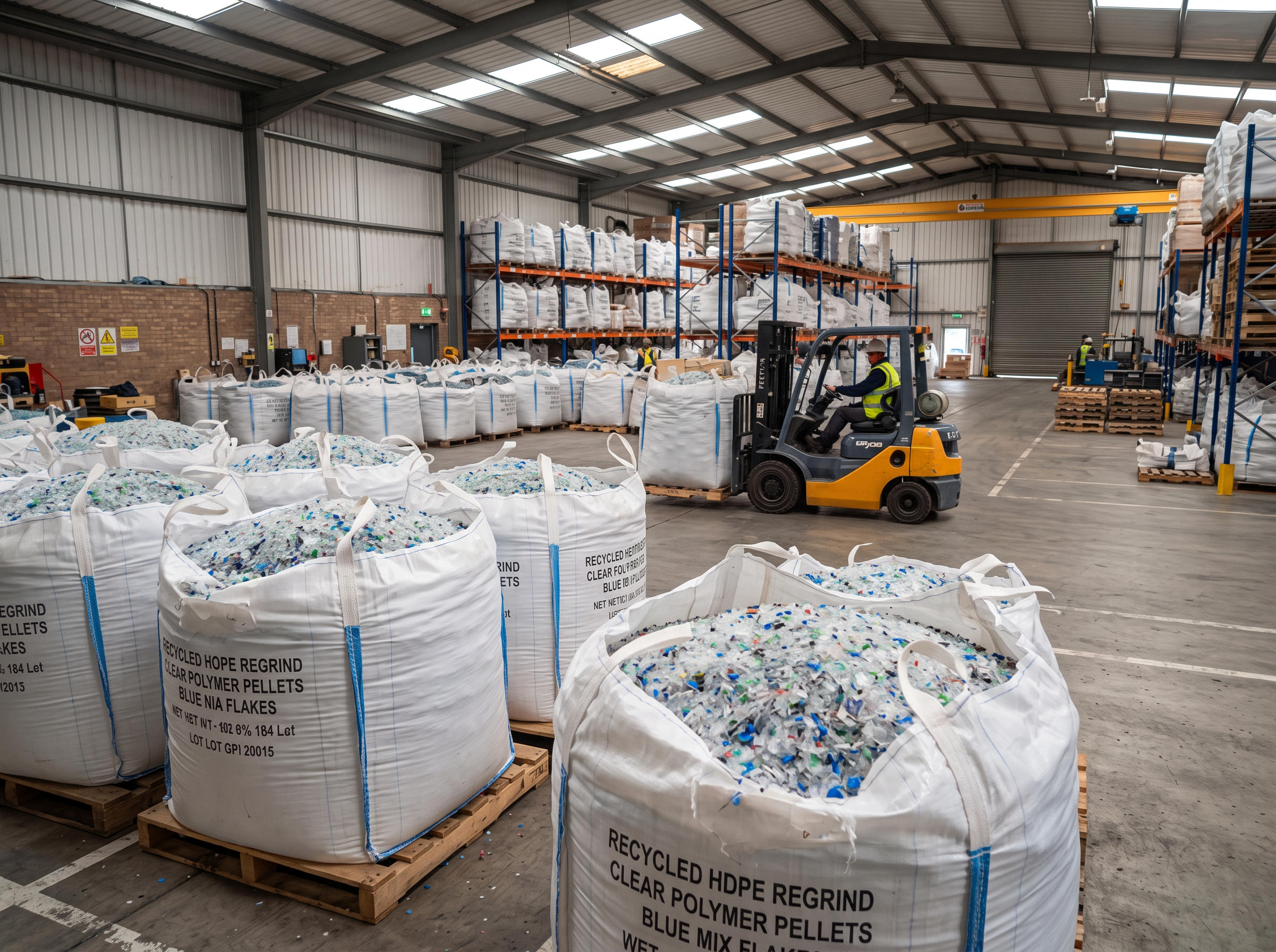 Warehouse stacked with bulk bags of plastic granules