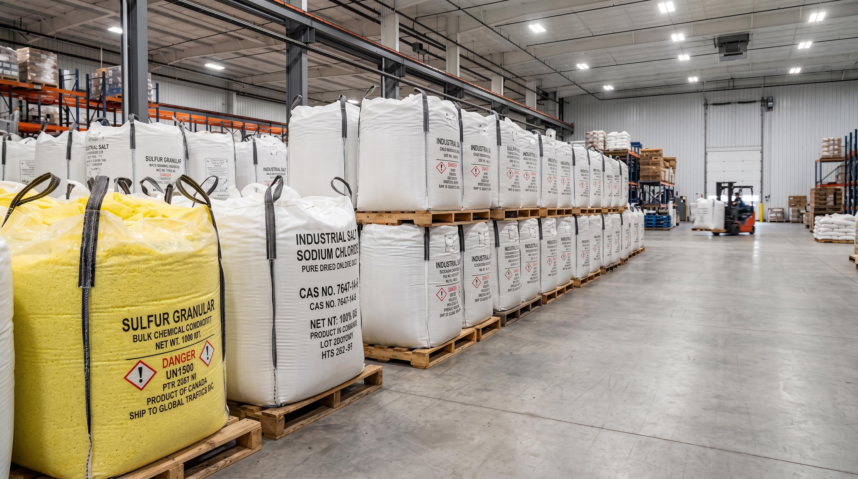 Bulk bags of industrial chemicals on pallets