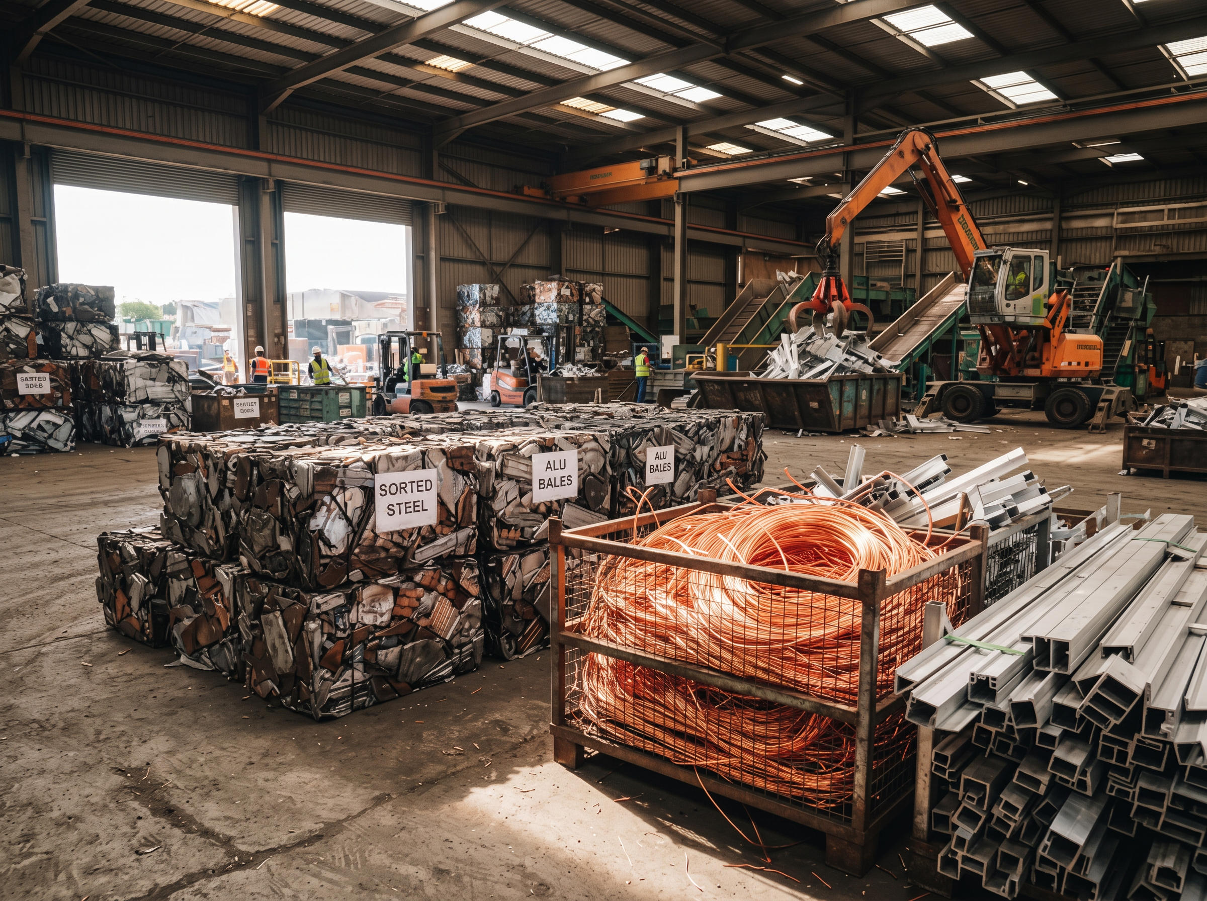 Sorted bales of metal scrap and copper wire in a warehouse