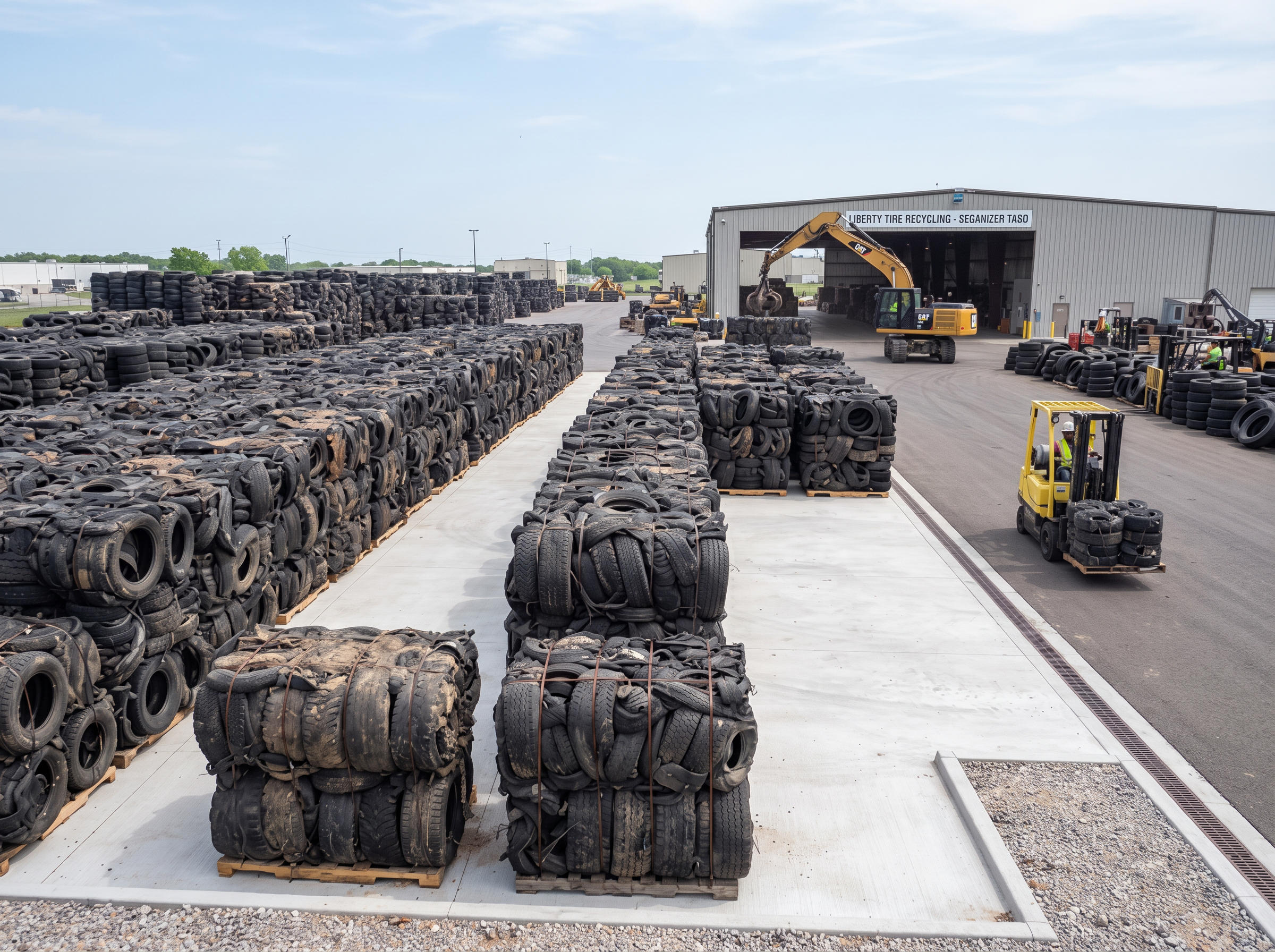 Yard of baled tyre scrap ready for loading