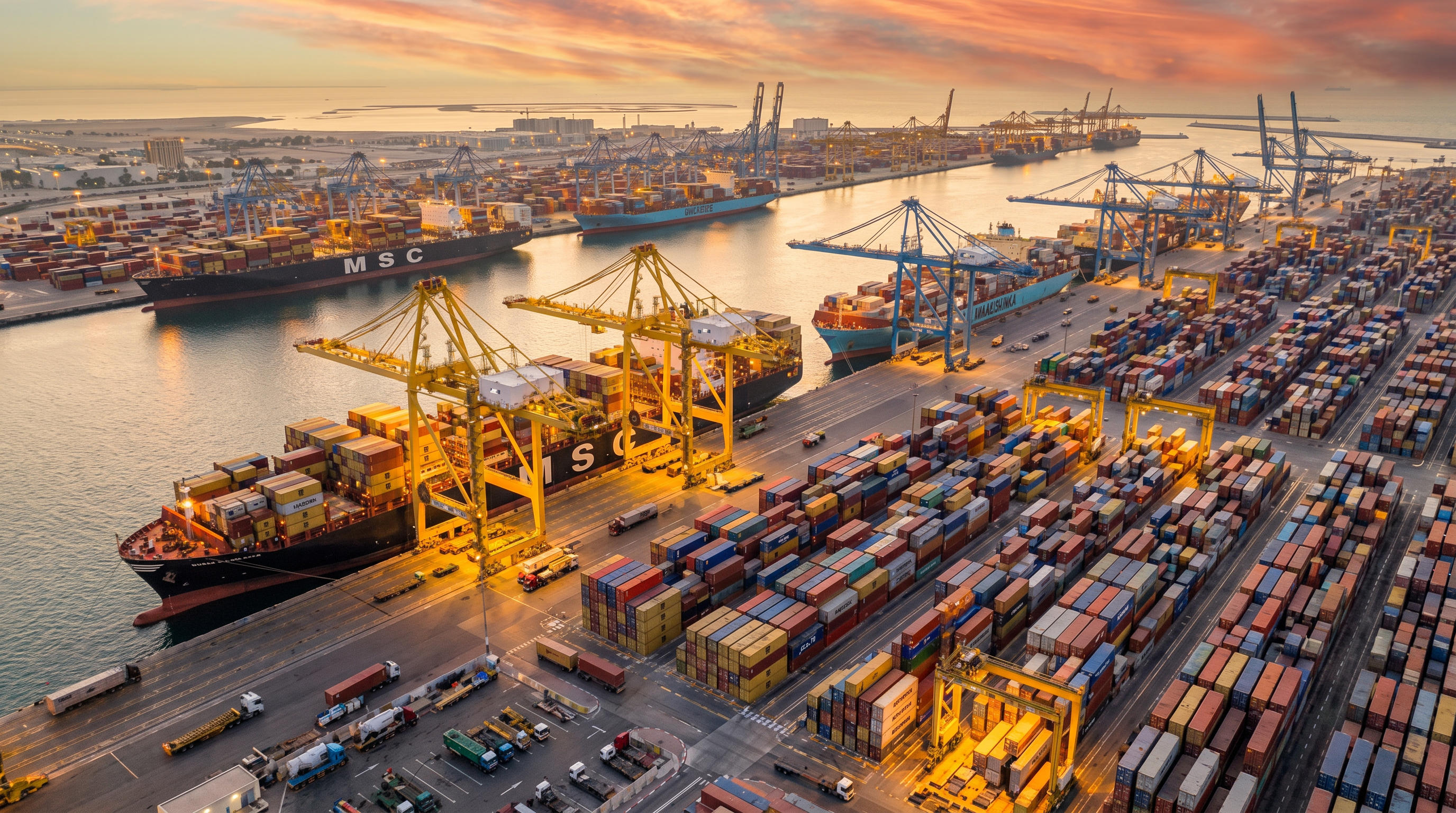 Aerial view of a container terminal at sunset, with ships alongside the quay