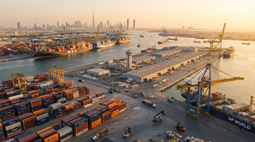 Aerial view of the port with containers ready for export