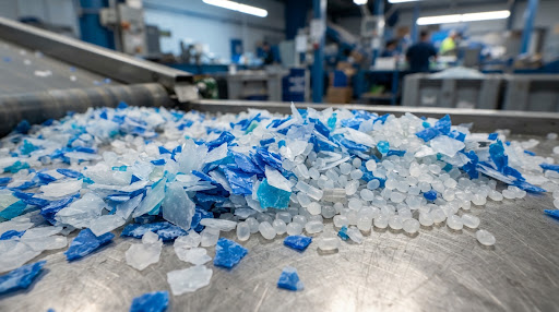 Blue and white HDPE regrind flakes and granules on a sorting line