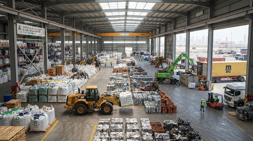 Warehouse stacked with bulk bags and pallets of plastic goods