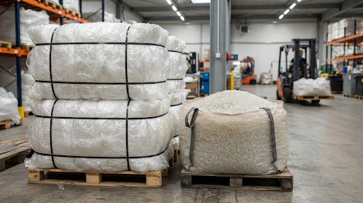 Baled LDPE film scrap beside a bulk bag of agglomerate in a warehouse