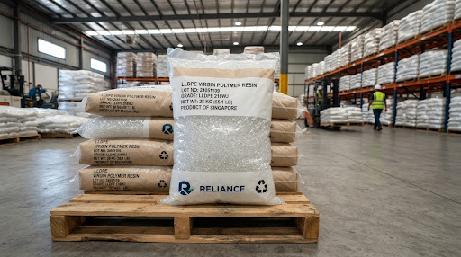 Pallet of 25 kg bags of virgin LLDPE polymer resin