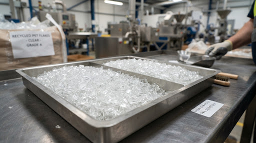 Washed clear PET bottle flakes in sample trays at a recycling plant