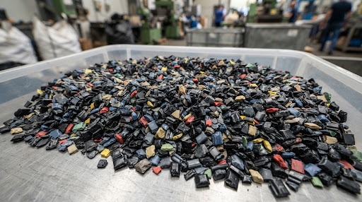 Sorted black and coloured PP regrind chips in a collection bin
