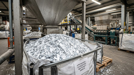Bulk bag of white and grey rigid PVC regrind beside processing plant
