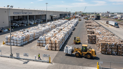 Recycling yard with baled material and a wheel loader